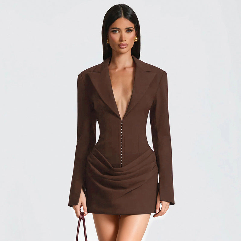 Deep V Neck Blazer Dress Long Sleeve Corset Mini Dress