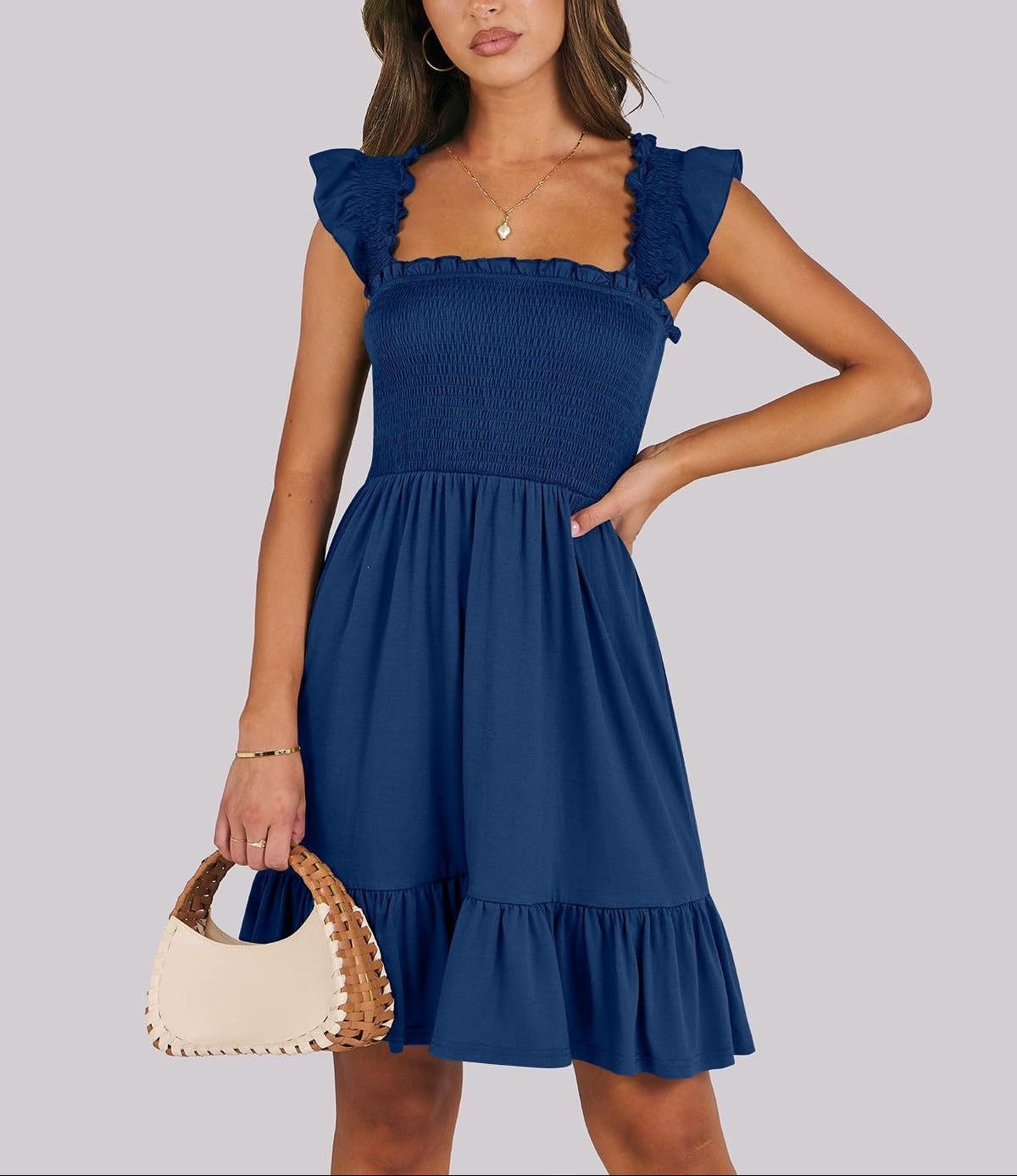 Smocked Square Neck Ruffle Sleeve Midi Dress