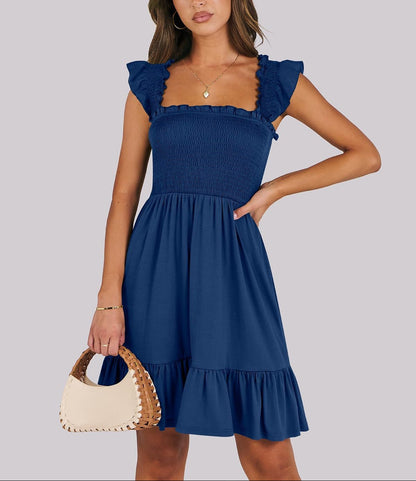 Smocked Square Neck Ruffle Sleeve Midi Dress