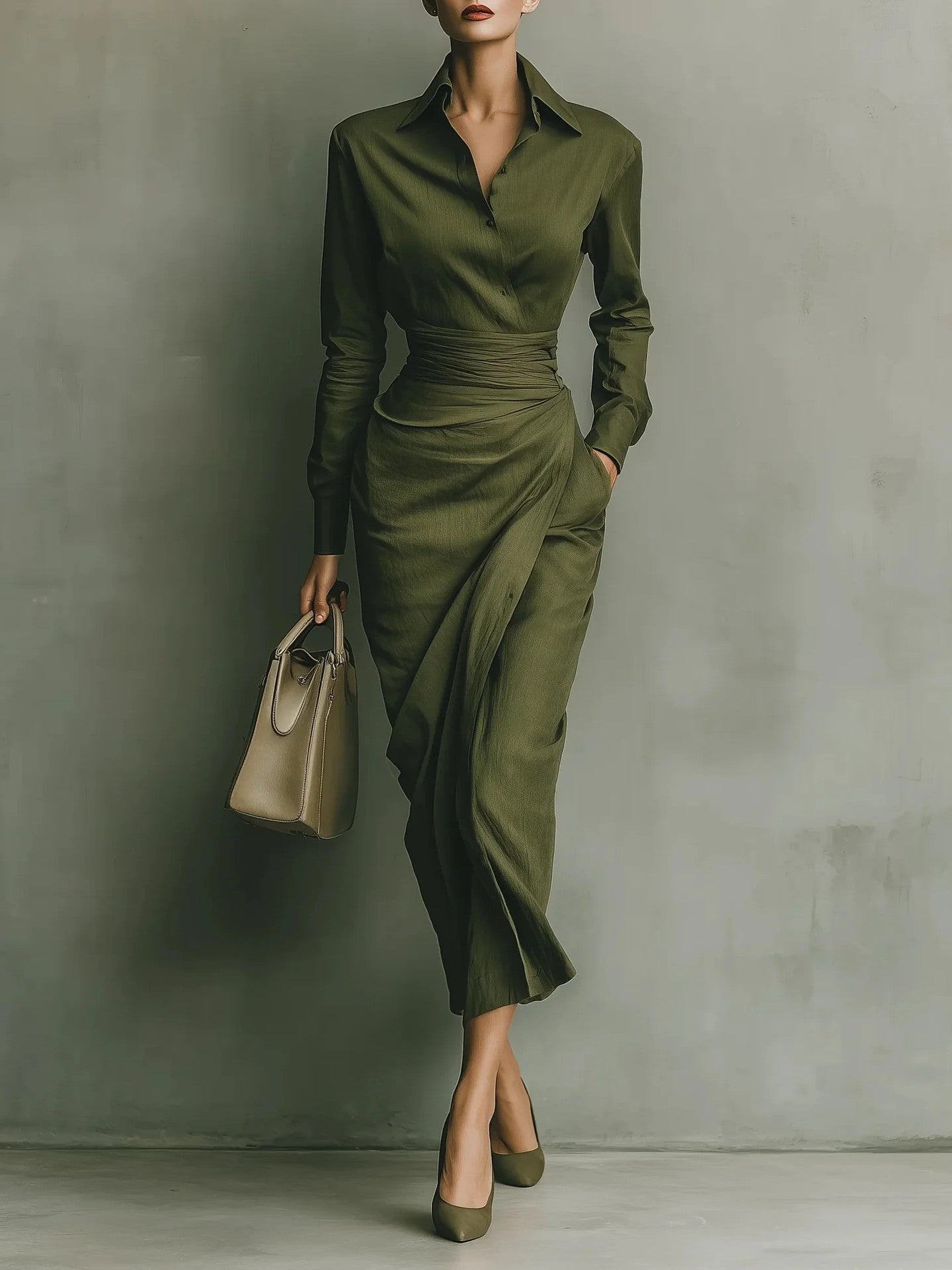 Womens Linen Shirt Dress Long Sleeve Asymmetric Midi Work