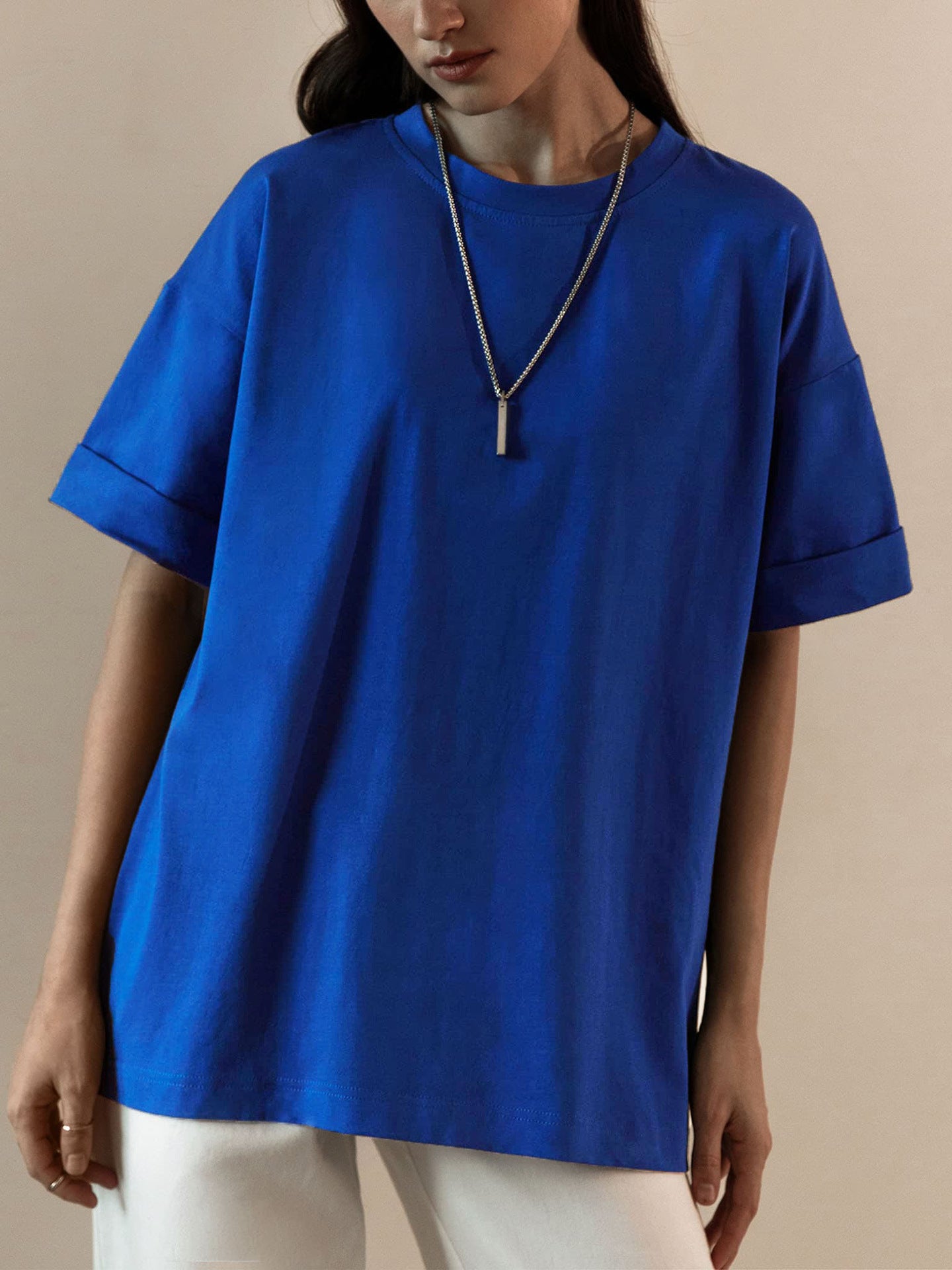 Solid Cotton T Shirt Loose Fit Crewneck Casual Top