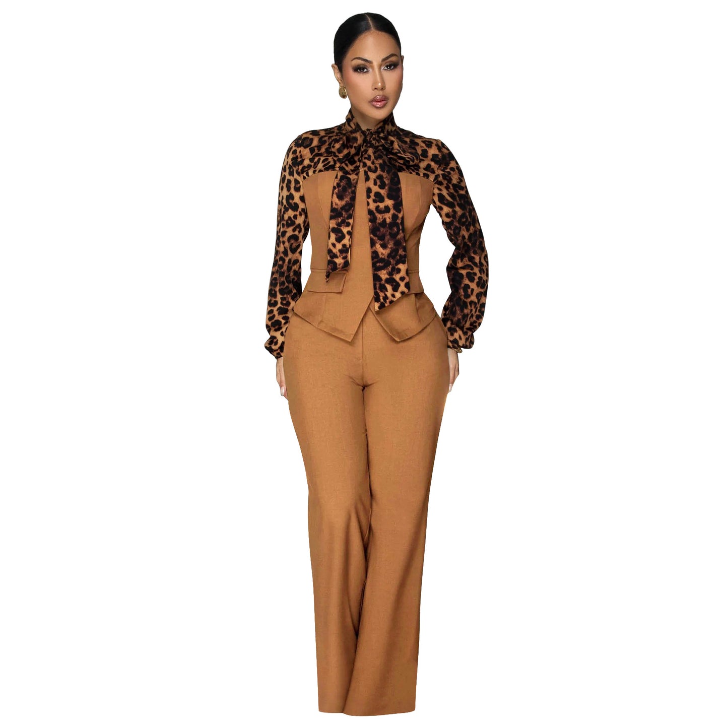 Leopard Print Tie Neck Blouse & Wide Leg Pants Set