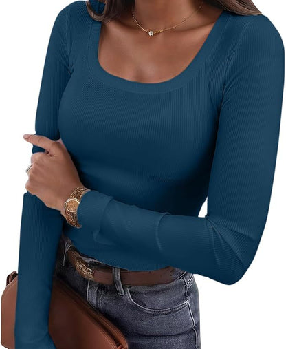 Women's Ribbed Fitted Long Sleeve Scoop Neck Stretch Top
