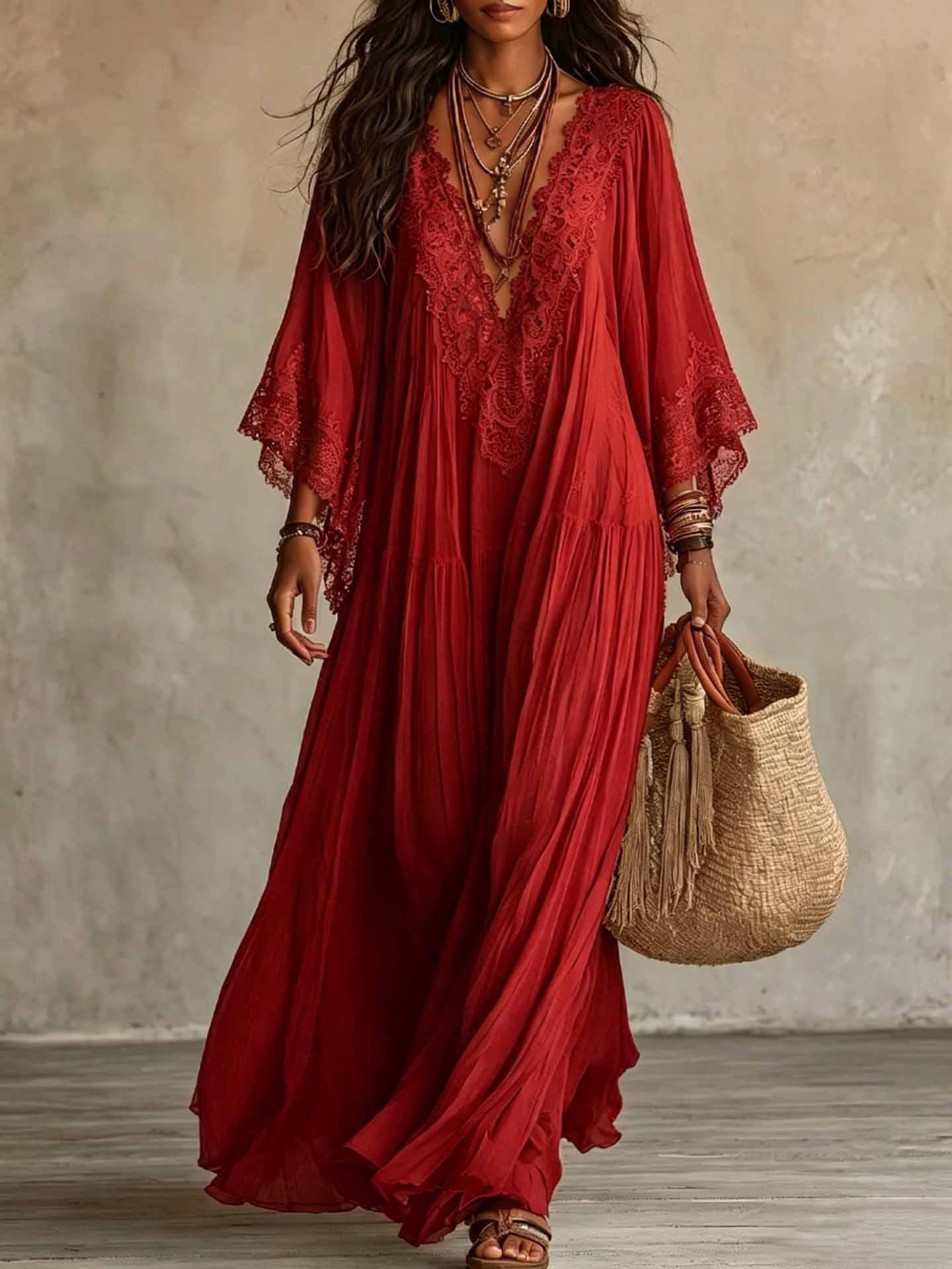 Women's Boho Lace Chiffon Long Sleeve Maxi Dress