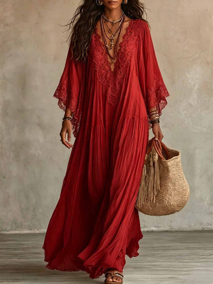 Women's Boho Lace Chiffon Long Sleeve Maxi Dress