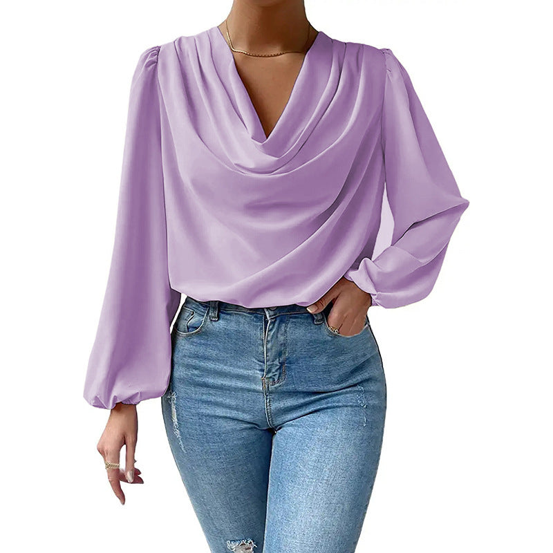 Cowl Neck Chiffon Blouse Lantern Sleeve Draped Top