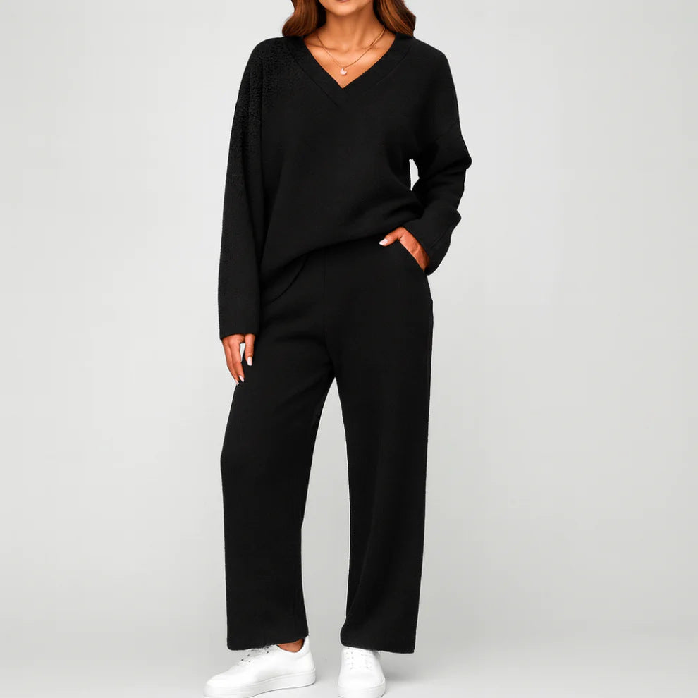 Women's V Neck Knit Two Piece Lounge Set Wide Leg Pants