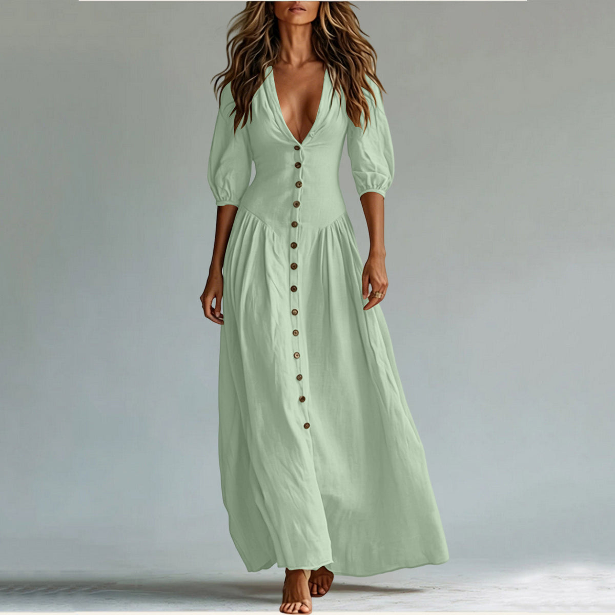 Cotton Button Down Maxi Dress Puff Sleeve V Neck Summer