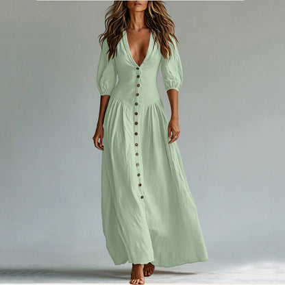Cotton Button Down Maxi Dress Puff Sleeve V Neck Summer