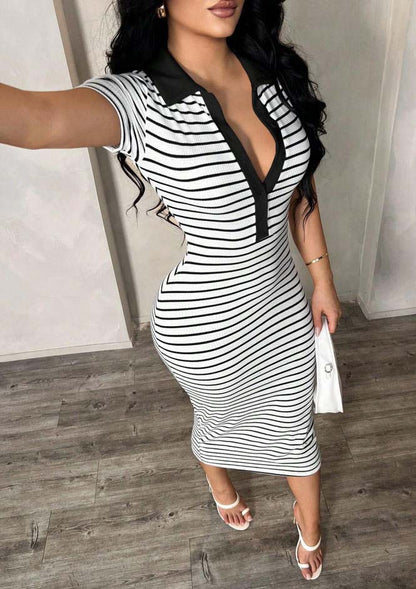 Polo Collar Stripe Bodycon Midi Dress Short Sleeve Casual