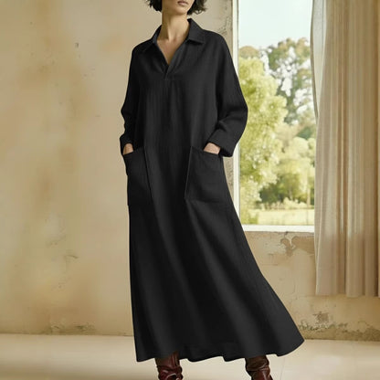 Women's Casual Long Sleeve Polo Maxi Dress with Pockets