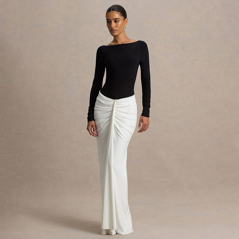 Two Tone Boat Neck Backless Ruched Long Sleeve Maxi Dress