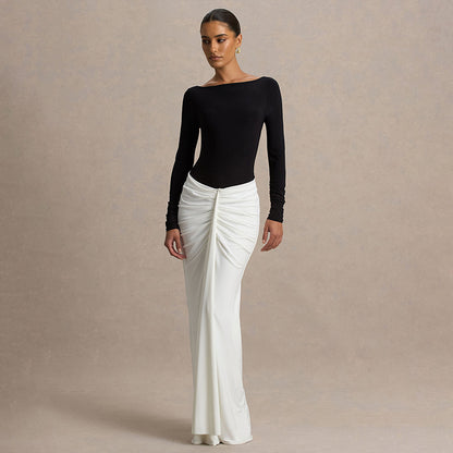 Two Tone Boat Neck Backless Ruched Long Sleeve Maxi Dress