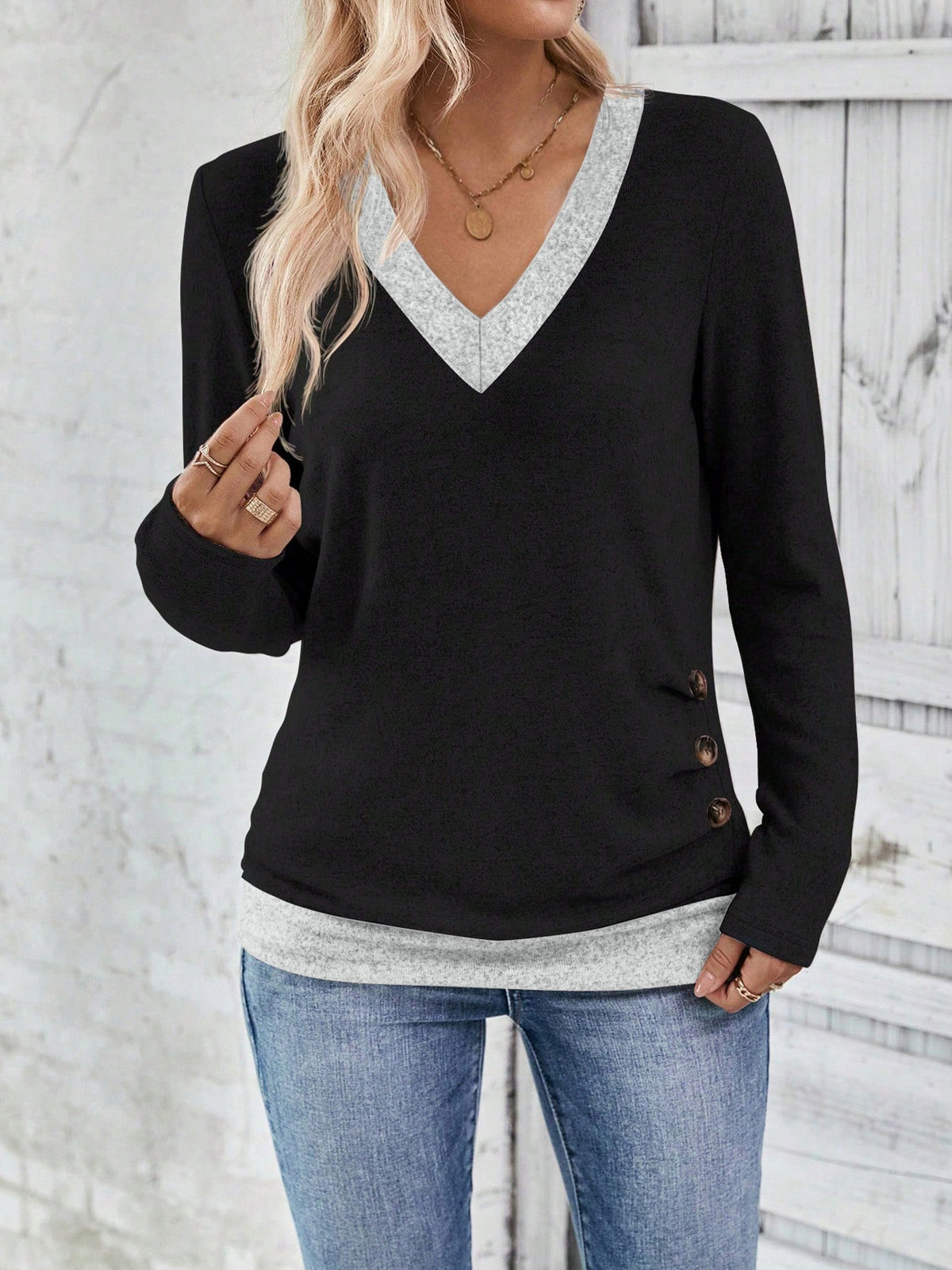 Women's Color Block V-Neck Long Sleeve Top Side Buttons