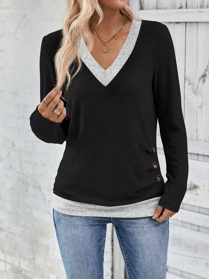 Women's Color Block V-Neck Long Sleeve Top Side Buttons