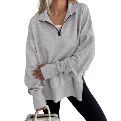 Women's Oversized Quarter Zip Sweatshirt Side Slit Pullover