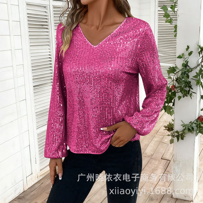Women's Sequin V Neck Long Sleeve Party Top