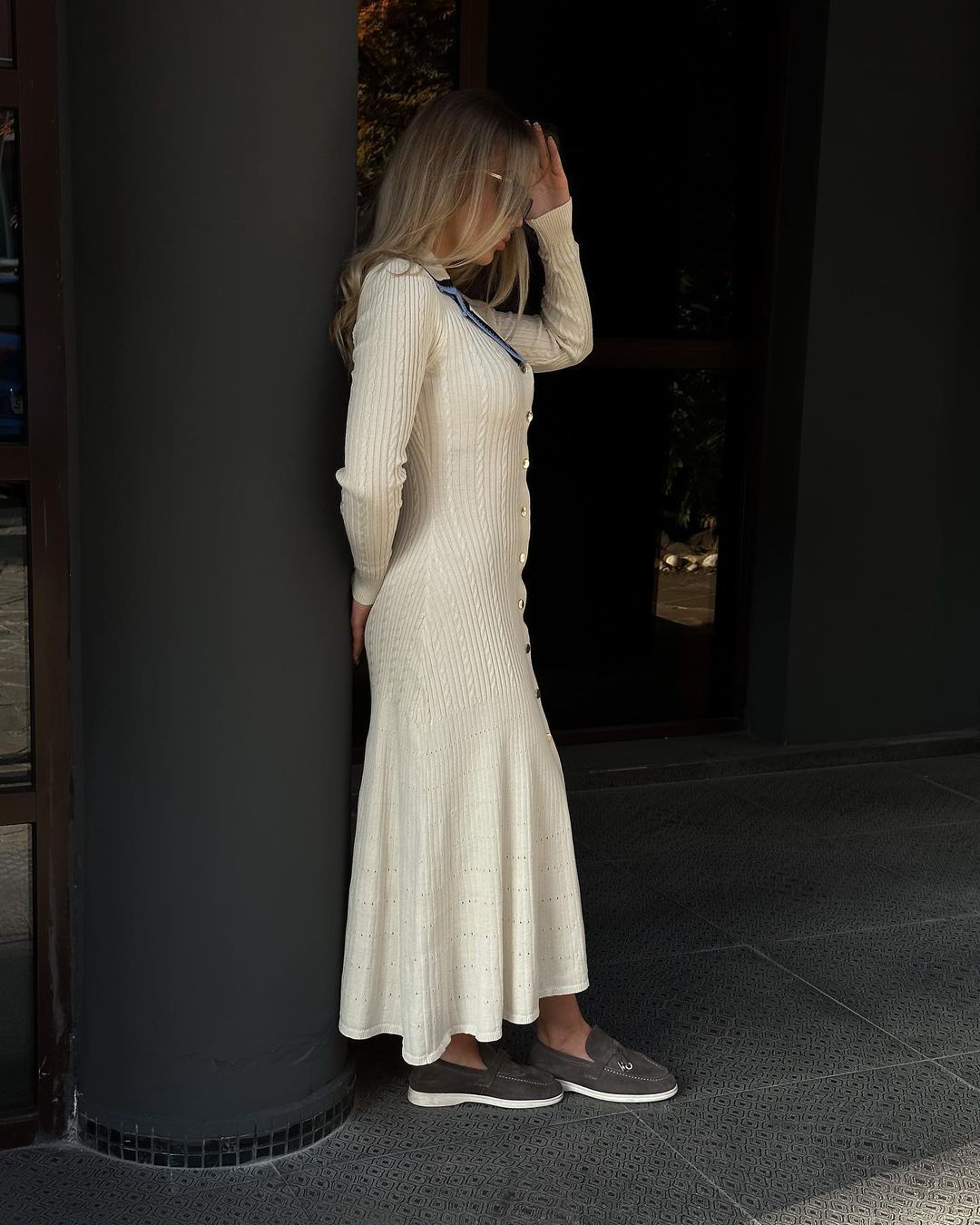 Long Sleeve Polo Collar Knit Bodycon Maxi Dress