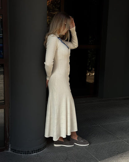 Long Sleeve Polo Collar Knit Bodycon Maxi Dress