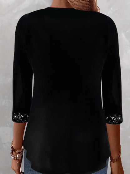 Women's Sequin Panel Button Layered Long Sleeve Top