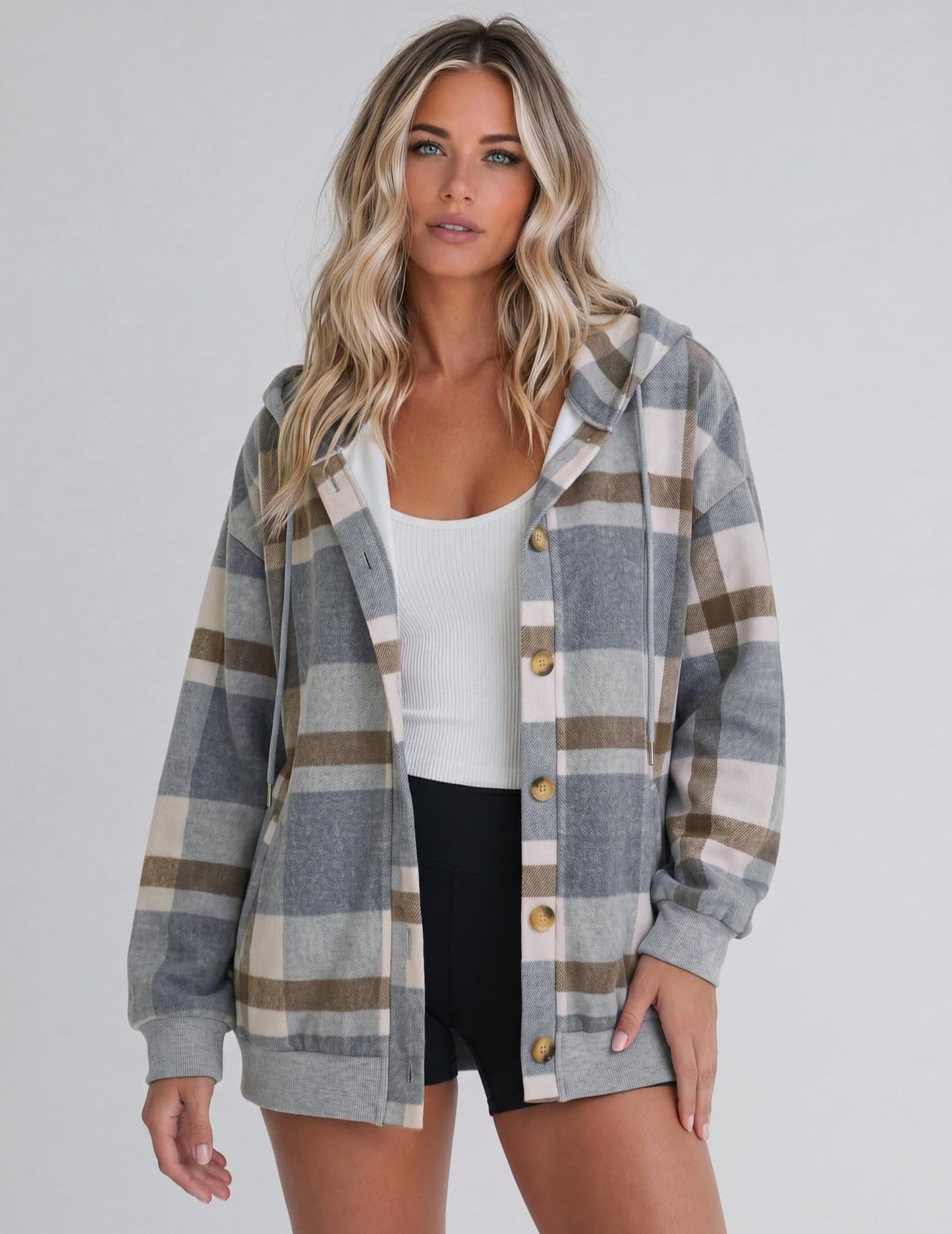 Women's Oversized Hooded Plaid Shacket Jacket