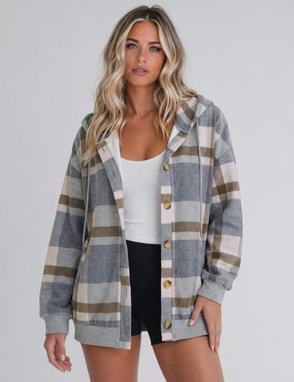 Women's Oversized Hooded Plaid Shacket Jacket