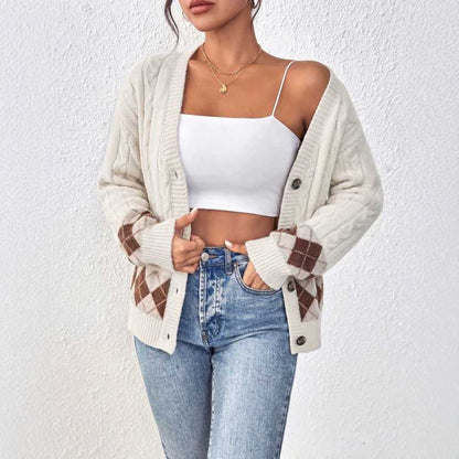Women's Oversized Cable Knit Argyle Cardigan V-Neck Button
