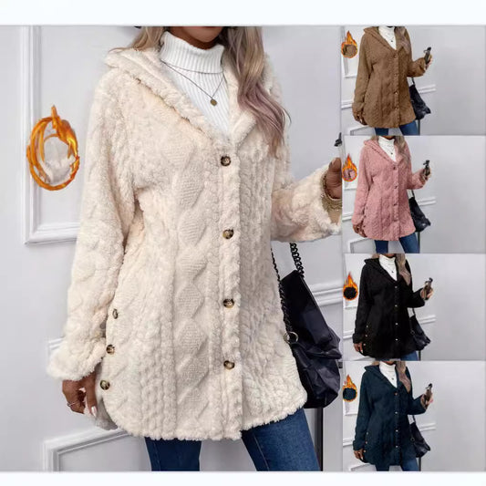 Women's Fuzzy Hooded Button Cardigan Winter Warm Coat