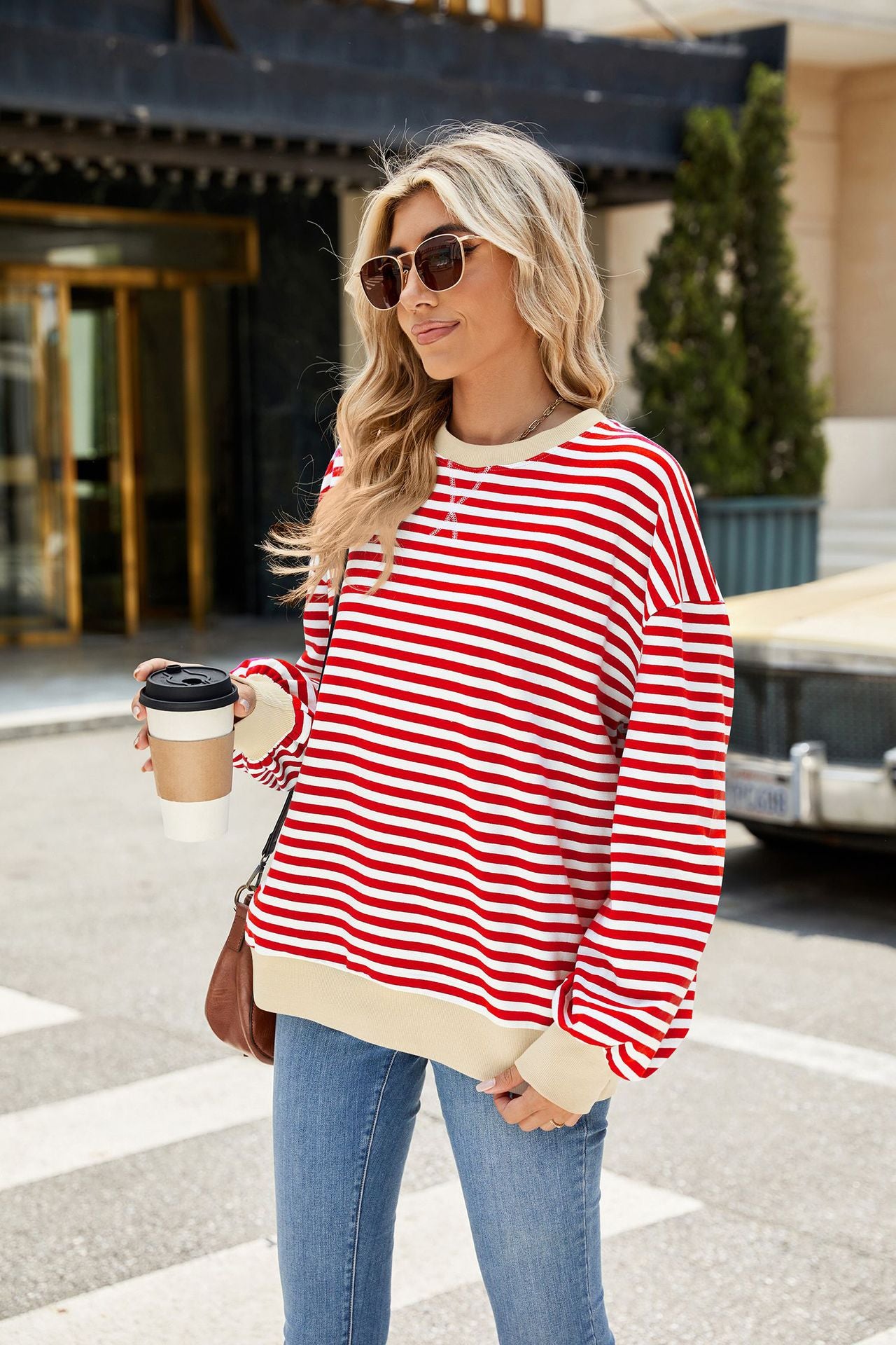 Striped Color Block Crew Neck Loose Fit Long Sleeve Sweatshirt