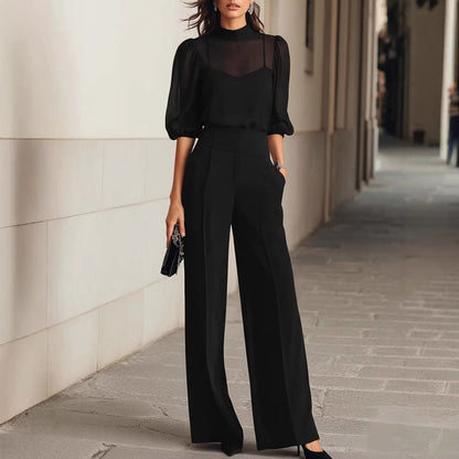 Women Elegant Sheer Top Wide Leg Pants 3 Piece Set