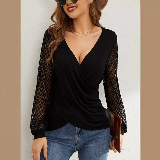 French Lace Splicing Lantern Sleeve Loose T-Shirt