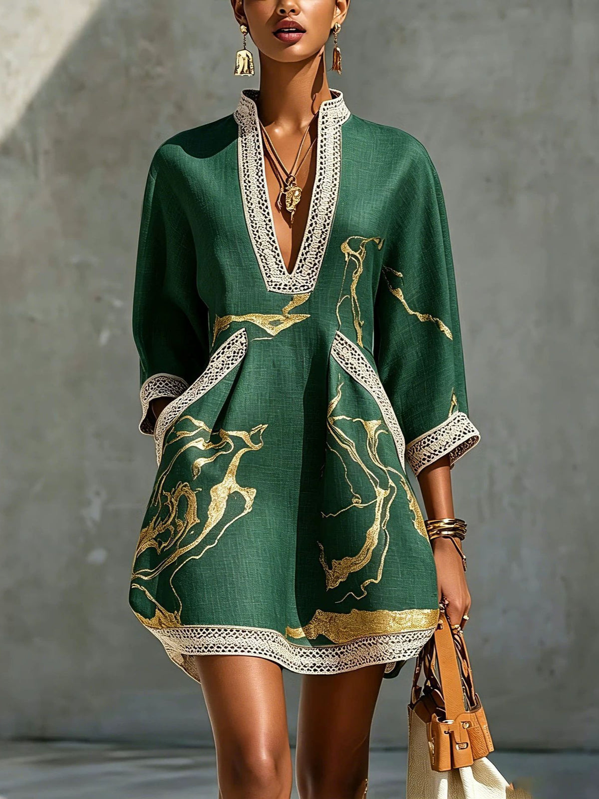 Women's V-Neck Lace Gold Metallic Mini Dress 3/4 Sleeve