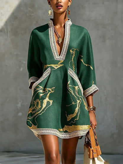 Women's V-Neck Lace Gold Metallic Mini Dress 3/4 Sleeve
