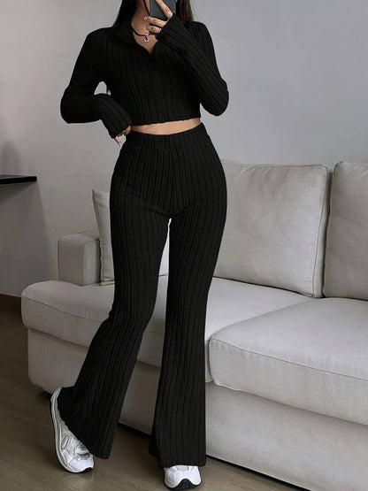 Women's Ribbed Zip Up Crop Top & High Waist Flare Pants Set