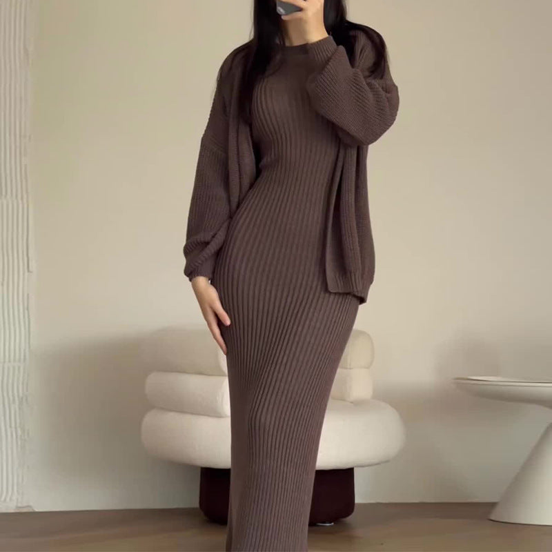 Women's Ribbed Maxi Dress and Cardigan Matching Set