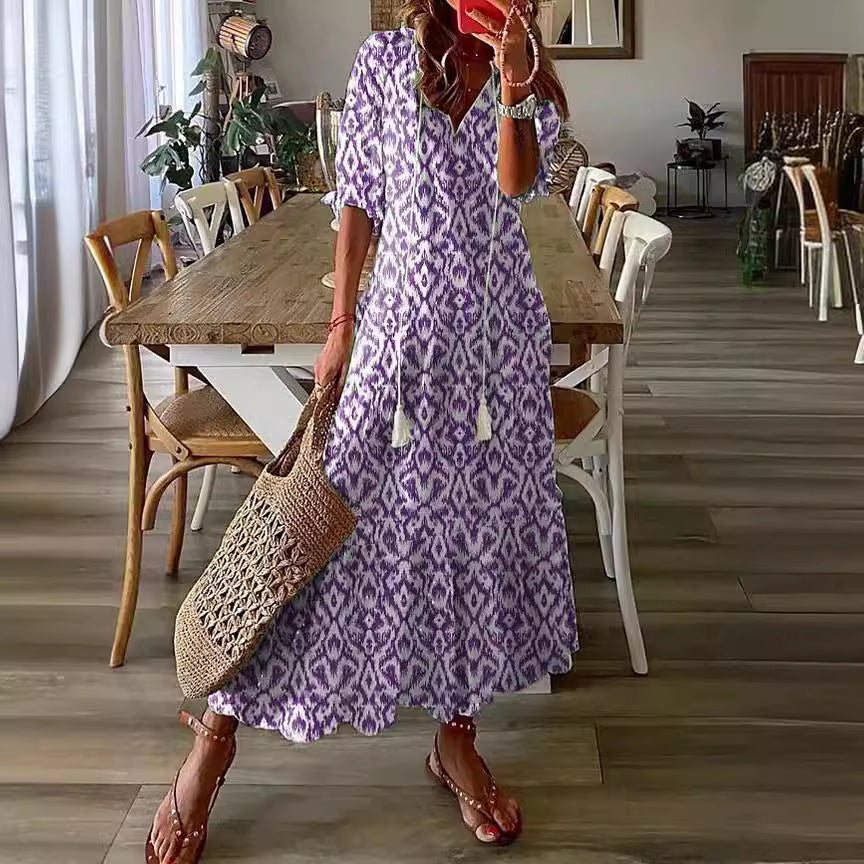 Women's Boho Floral V-Neck Tassel Maxi Dress Flowy