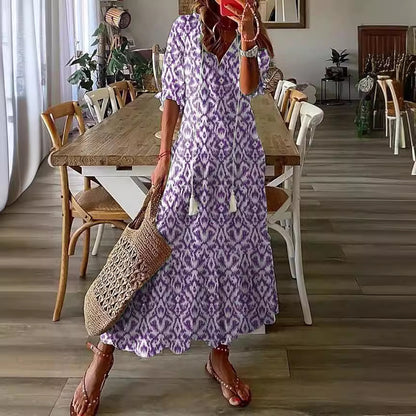 Women's Boho Floral V-Neck Tassel Maxi Dress Flowy