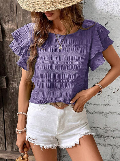 Ruffle Sleeve Crew Neck Casual Summer Blouse Top