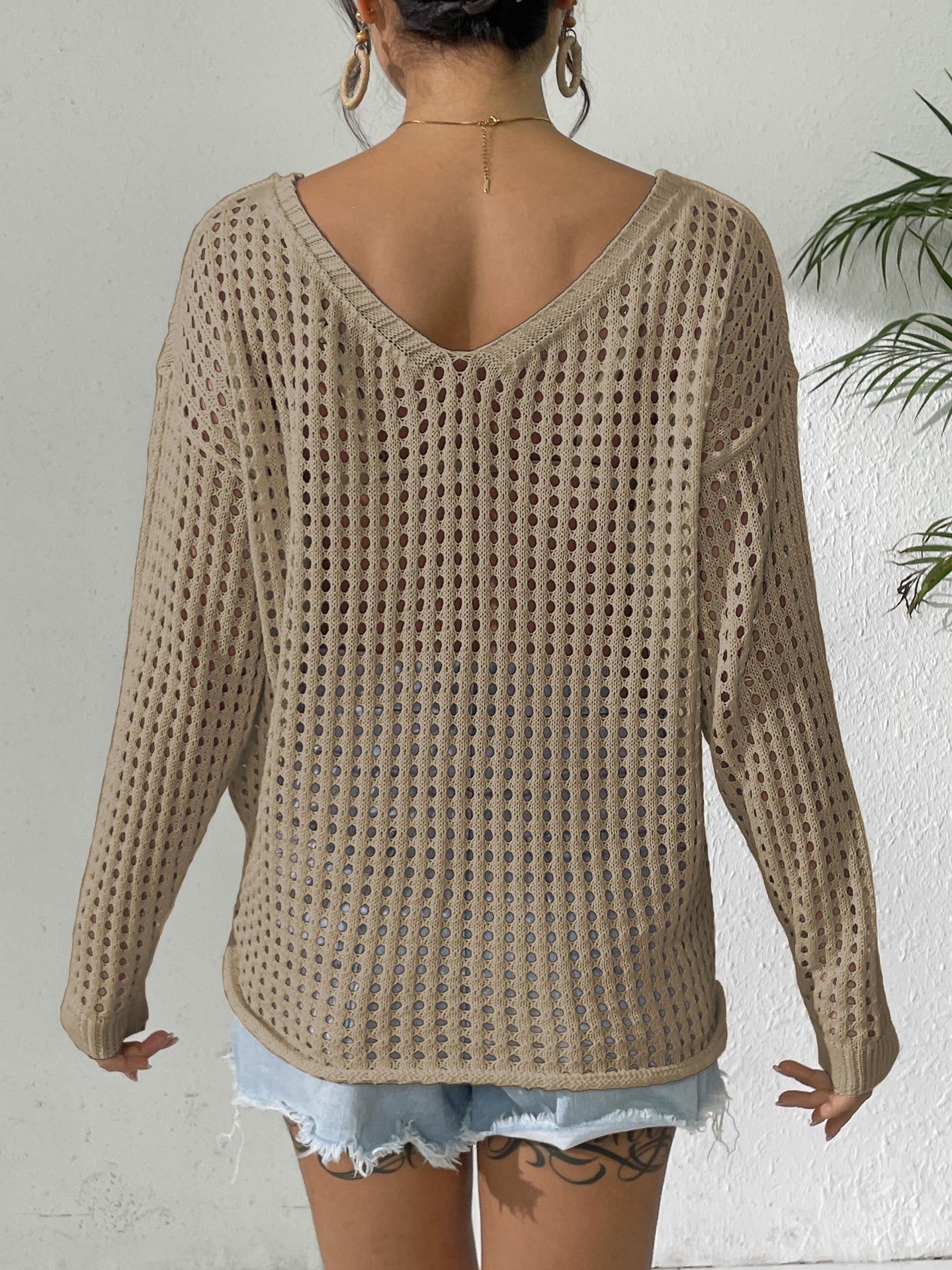 V Neck Crochet Cover Up Sweater Tie Side Beach Top