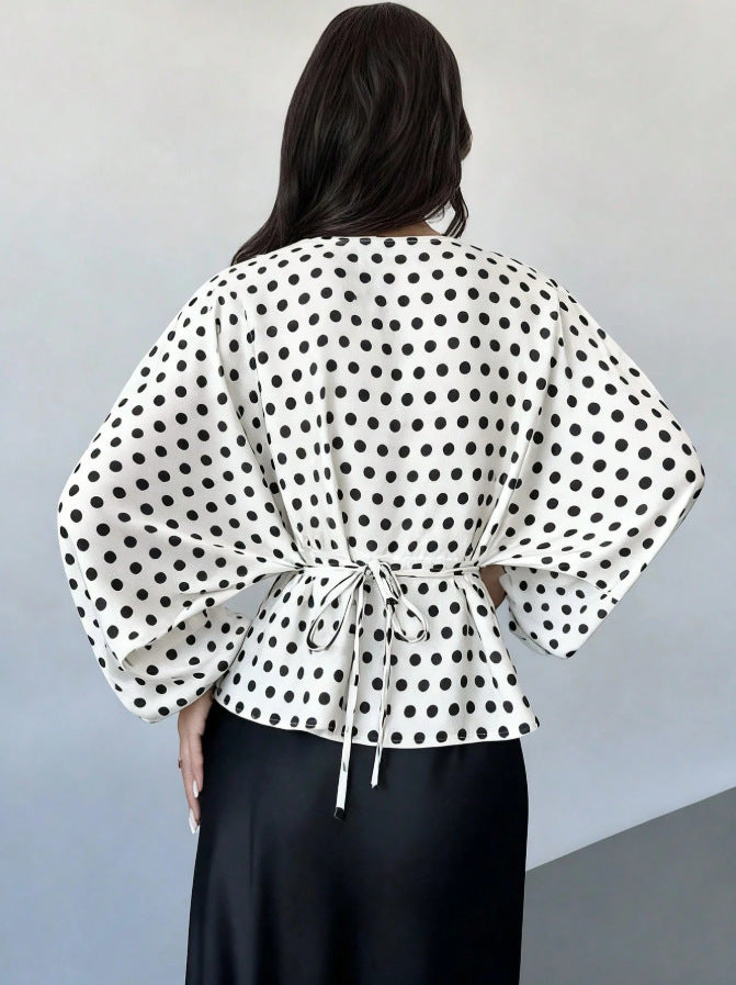Satin Batwing Blouse Round Neck Tie Waist Top