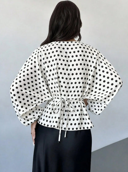 Satin Batwing Blouse Round Neck Tie Waist Top