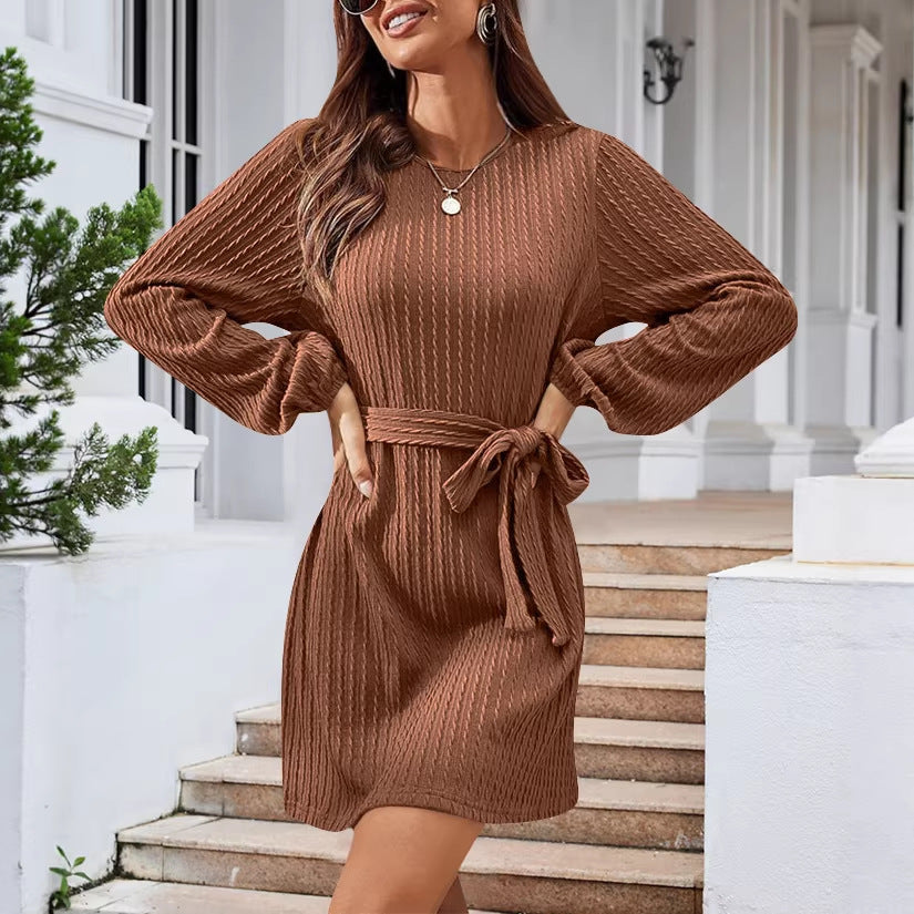 Women's Textured Puff Long Sleeve Tie Waist Mini Dress
