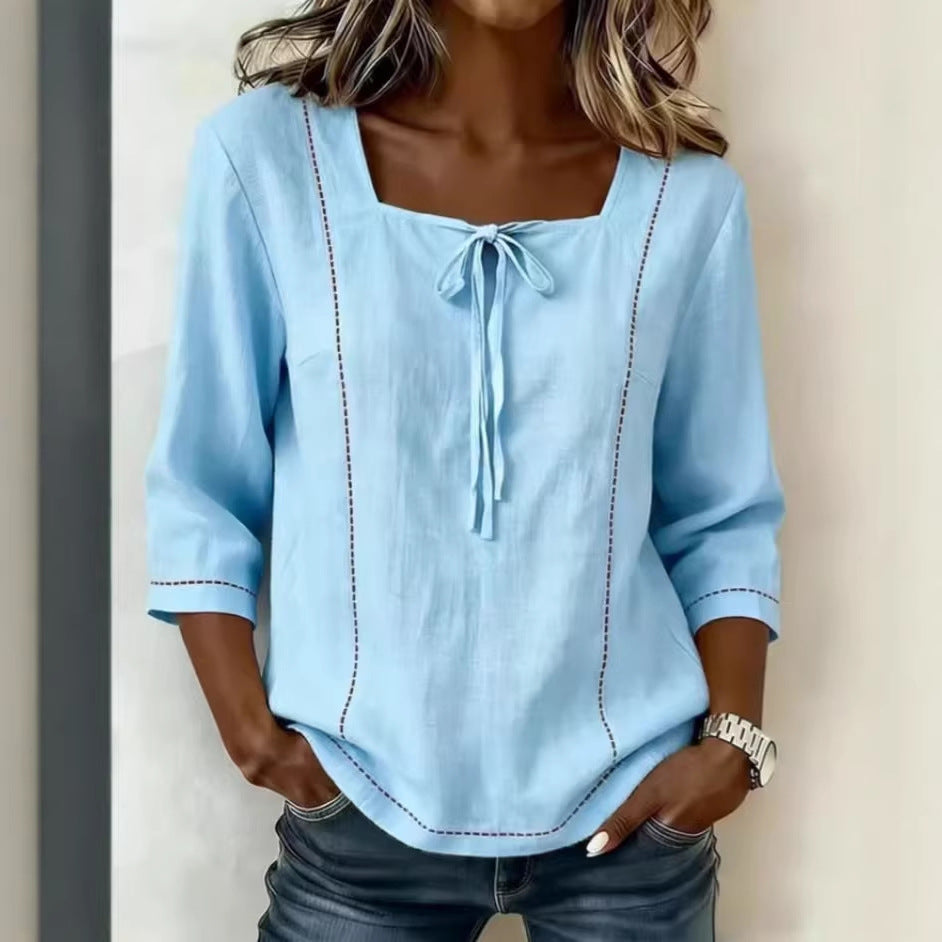 Women's Square Neck Tie Front Linen Blend Blouse 3/4 Sleeve