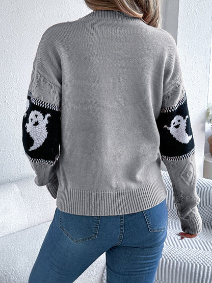 Ghost Print Colorblock Sweater - Halloween Fall Pullover