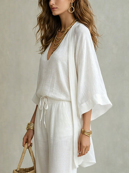 Women's Linen 3 Piece Set Kimono Cardigan Wide Leg Pants
