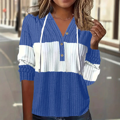 Women's Color Block V-Neck Hooded Knit Sweatshirt