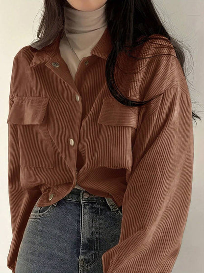 Corduroy Cropped Shacket Snap Front Relaxed Fit