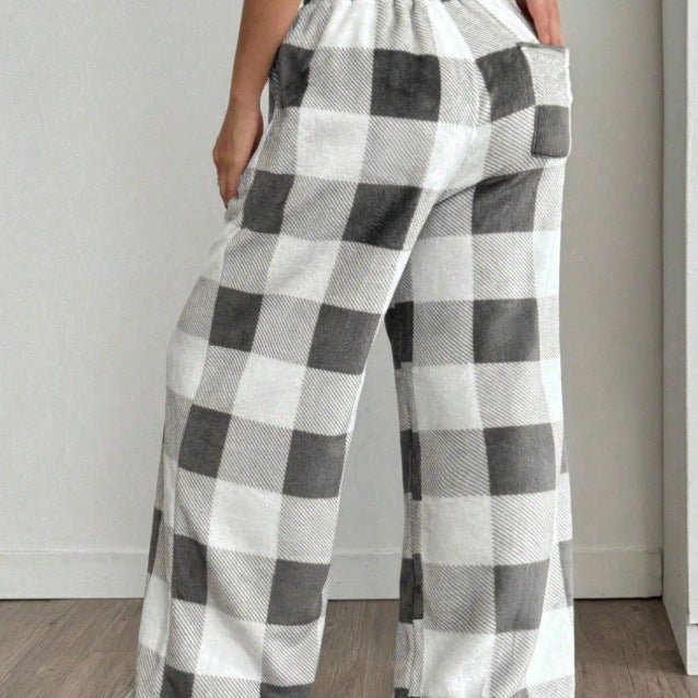 Plaid Wide Leg Capri Pants Elastic Waist Lounge