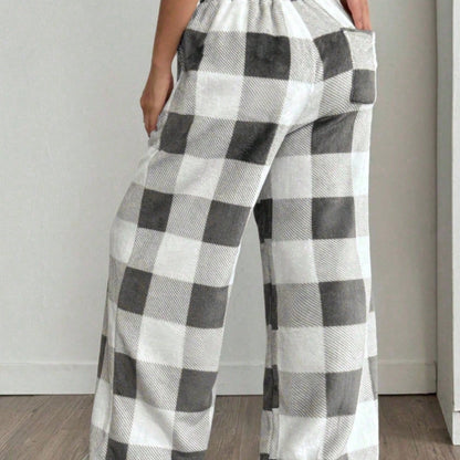 Plaid Wide Leg Capri Pants Elastic Waist Lounge