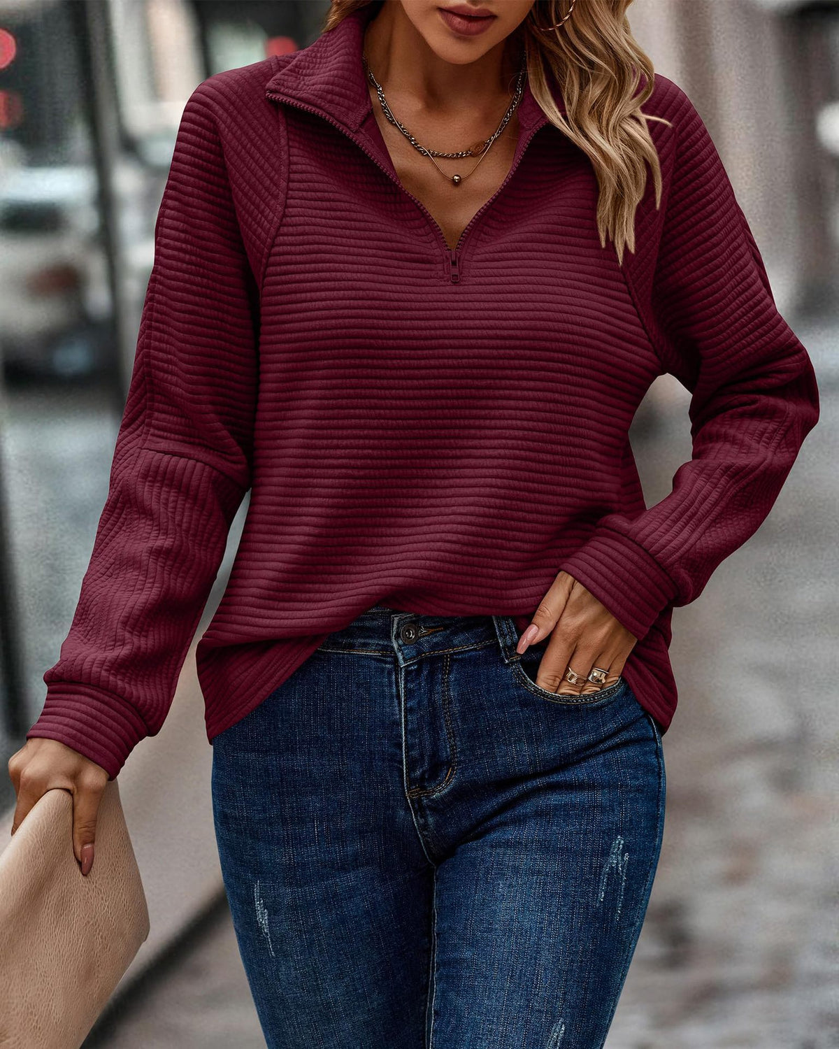 Women's Quarter Zip Ribbed Pullover Sweatshirt